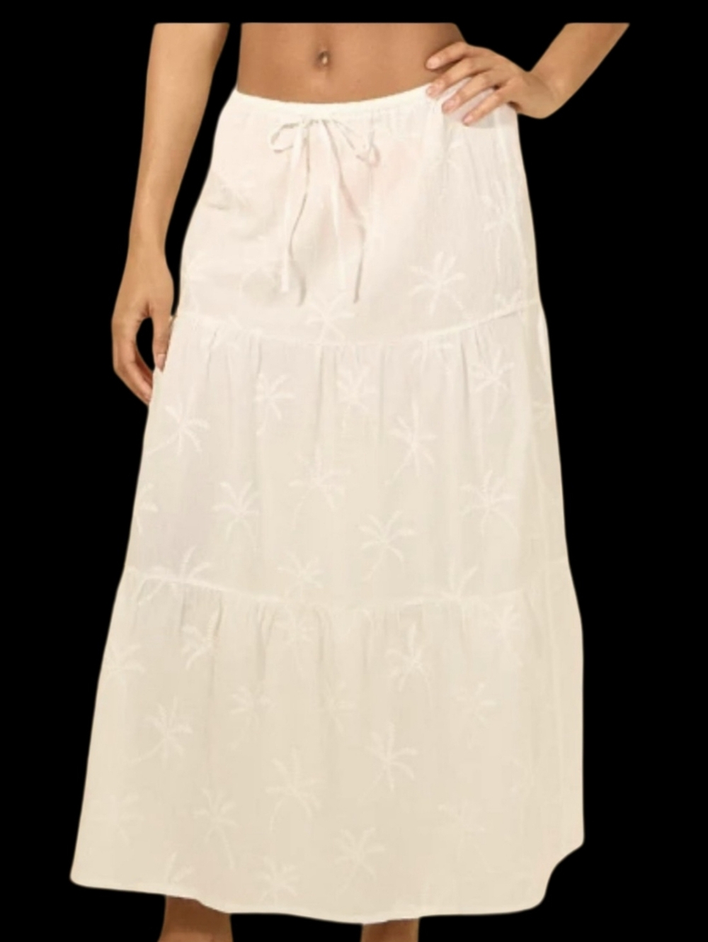NWT Shade & Shore White Tiered Maxi Skirt with Subtle Palm Embroidery Size L